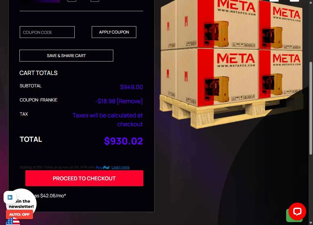 META PCs checkout page showing META PCs coupon code box | Screenshot taken by SimplyCodes community member on Jan 29, 2026