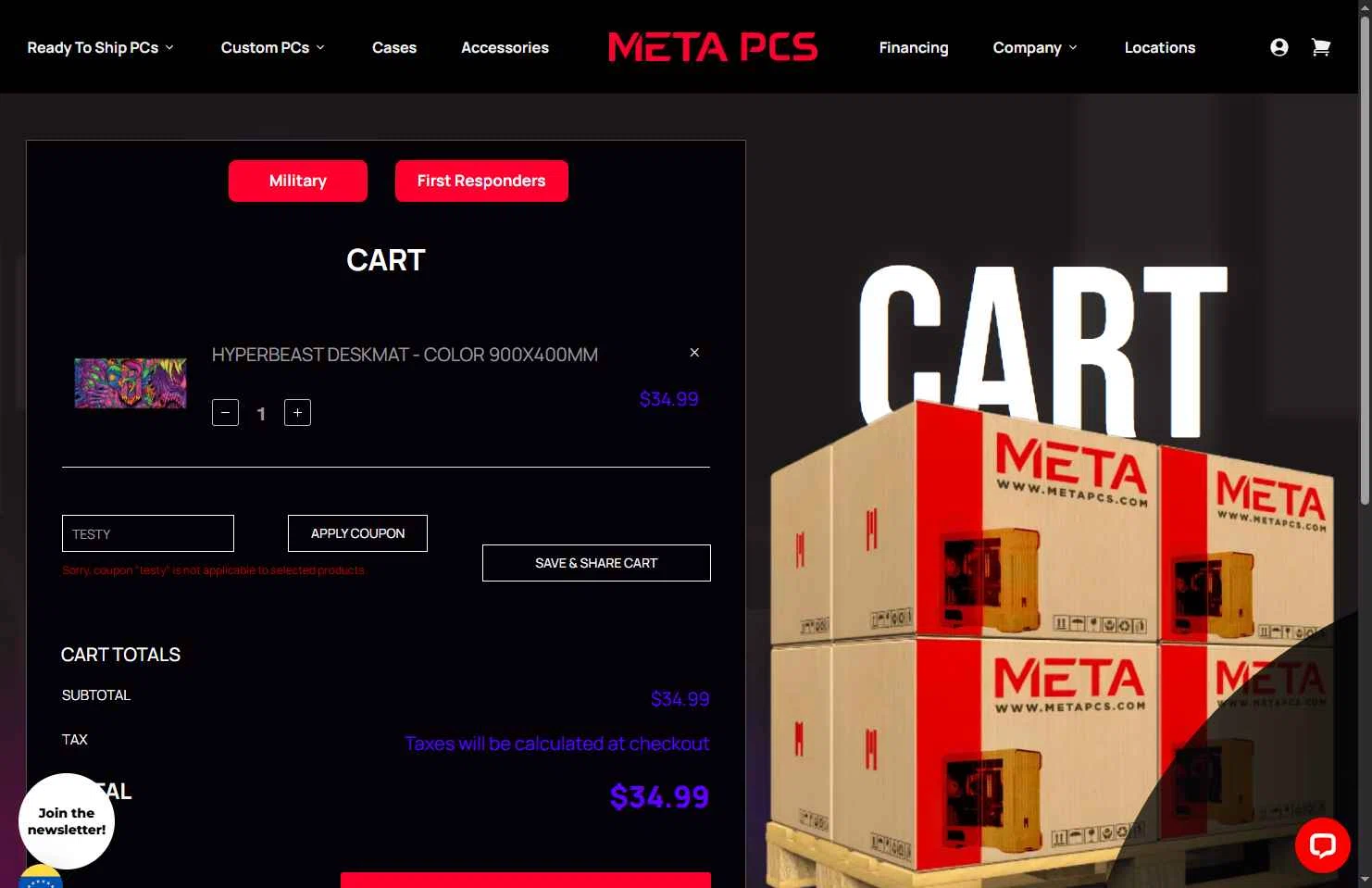 META PCs checkout page showing META PCs coupon code box | Screenshot taken by SimplyCodes community member on Dec 19, 2025