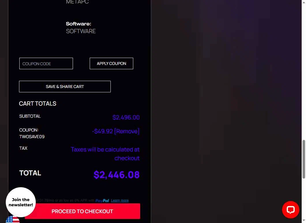 META PCs checkout page showing META PCs coupon code box | Screenshot taken by SimplyCodes community member on Jan 19, 2026