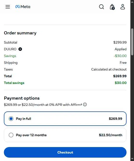 Meta Quest (formerly Oculus) checkout page showing Meta Quest (formerly Oculus) promo code box | Screenshot taken by SimplyCodes community member on Feb 7, 2026