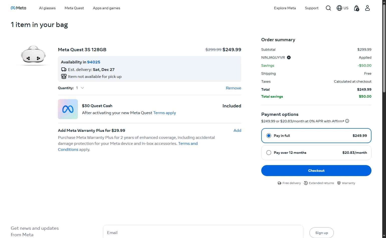 Meta Quest (formerly Oculus) checkout page showing Meta Quest (formerly Oculus) promo code box | Screenshot taken by SimplyCodes community member on Dec 26, 2025