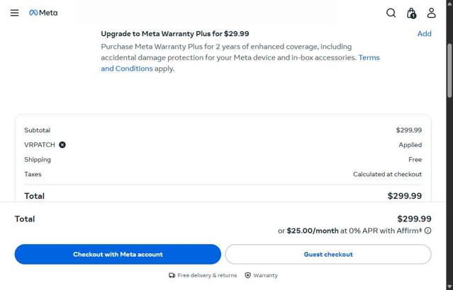 Meta Quest (formerly Oculus) checkout page showing Meta Quest (formerly Oculus) promo code box | Screenshot taken by SimplyCodes community member on Sep 10, 2025
