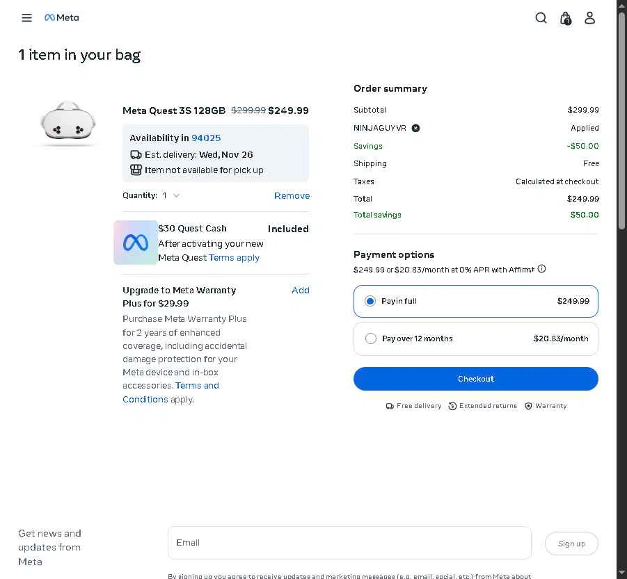 Meta Quest (formerly Oculus) checkout page showing Meta Quest (formerly Oculus) promo code box | Screenshot taken by SimplyCodes community member on Nov 24, 2025