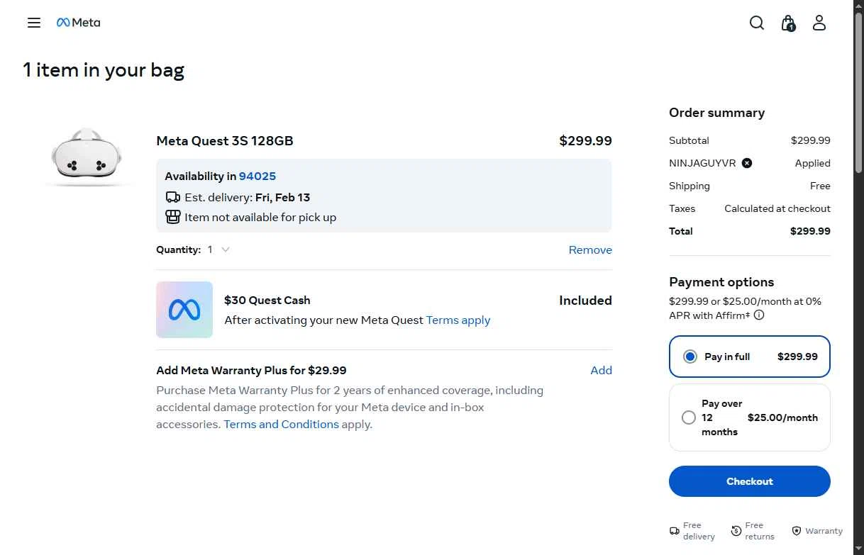 Meta Quest (formerly Oculus) checkout page showing Meta Quest (formerly Oculus) promo code box | Screenshot taken by SimplyCodes community member on Feb 12, 2026