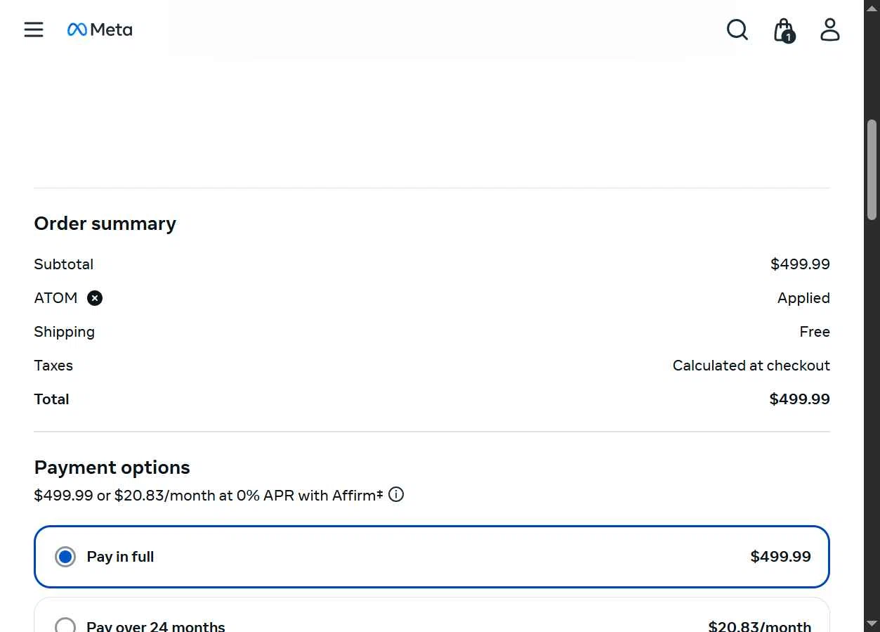 Meta Quest (formerly Oculus) checkout page showing Meta Quest (formerly Oculus) promo code box | Screenshot taken by SimplyCodes community member on Feb 16, 2026