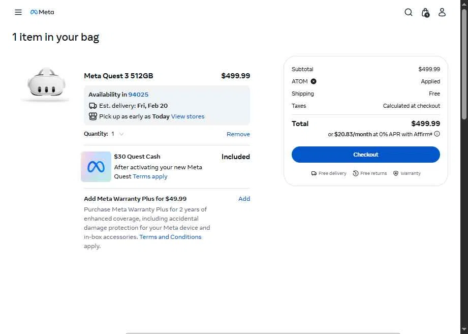 Meta Quest (formerly Oculus) checkout page showing Meta Quest (formerly Oculus) promo code box | Screenshot taken by SimplyCodes community member on Feb 18, 2026