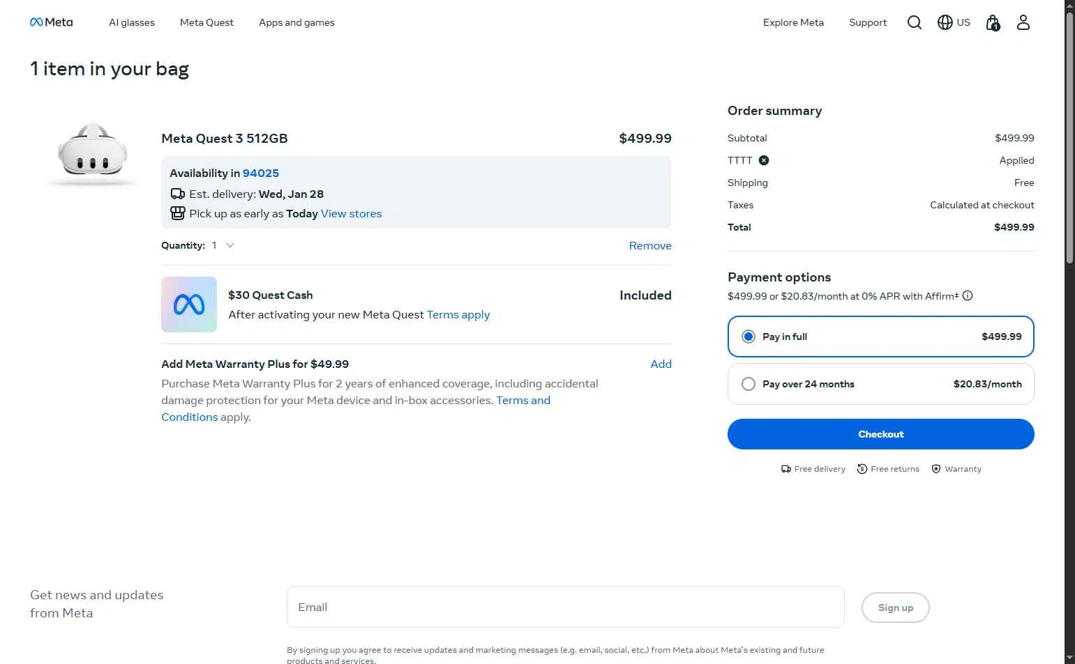 Meta Quest (formerly Oculus) checkout page showing Meta Quest (formerly Oculus) promo code box | Screenshot taken by SimplyCodes community member on Jan 27, 2026