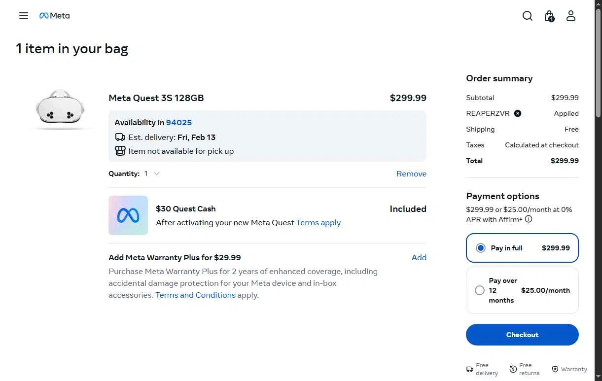 Meta Quest (formerly Oculus) checkout page showing Meta Quest (formerly Oculus) promo code box | Screenshot taken by SimplyCodes community member on Feb 12, 2026