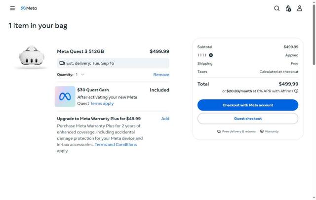 Meta Quest (formerly Oculus) checkout page showing Meta Quest (formerly Oculus) promo code box | Screenshot taken by SimplyCodes community member on Sep 10, 2025