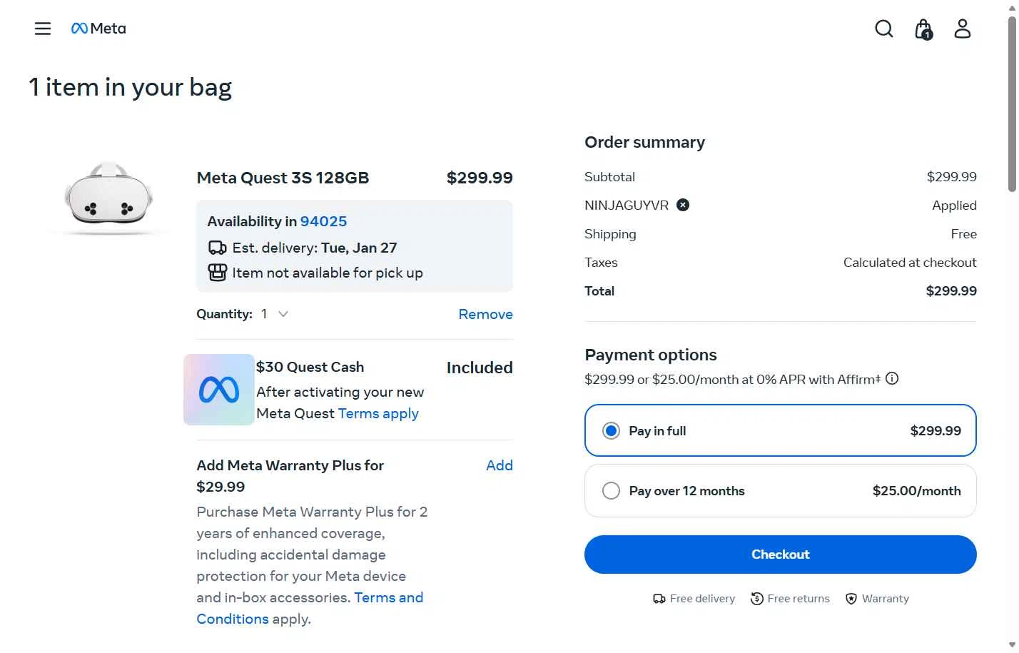 Meta Quest (formerly Oculus) checkout page showing Meta Quest (formerly Oculus) promo code box | Screenshot taken by SimplyCodes community member on Jan 24, 2026