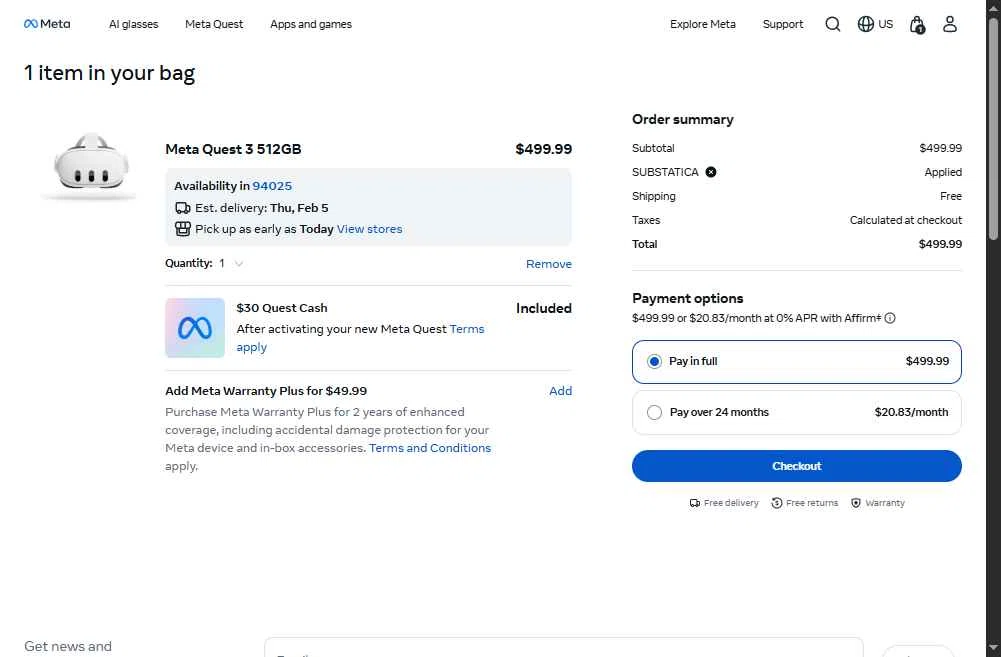 Meta Quest (formerly Oculus) checkout page showing Meta Quest (formerly Oculus) promo code box | Screenshot taken by SimplyCodes community member on Feb 3, 2026