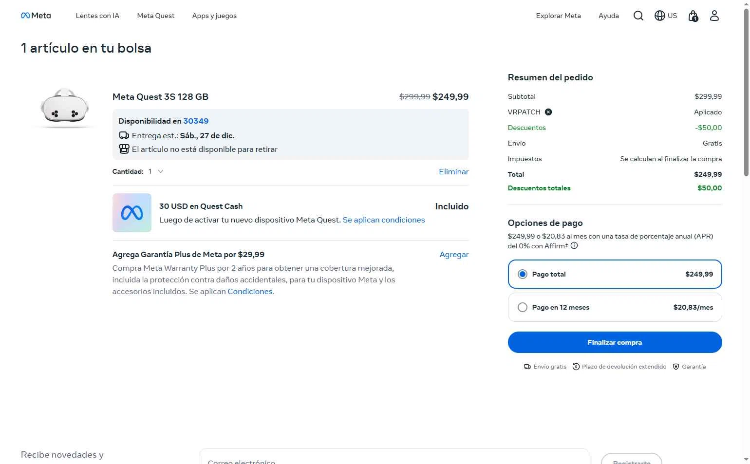 Meta Quest (formerly Oculus) checkout page showing Meta Quest (formerly Oculus) promo code box | Screenshot taken by SimplyCodes community member on Dec 25, 2025