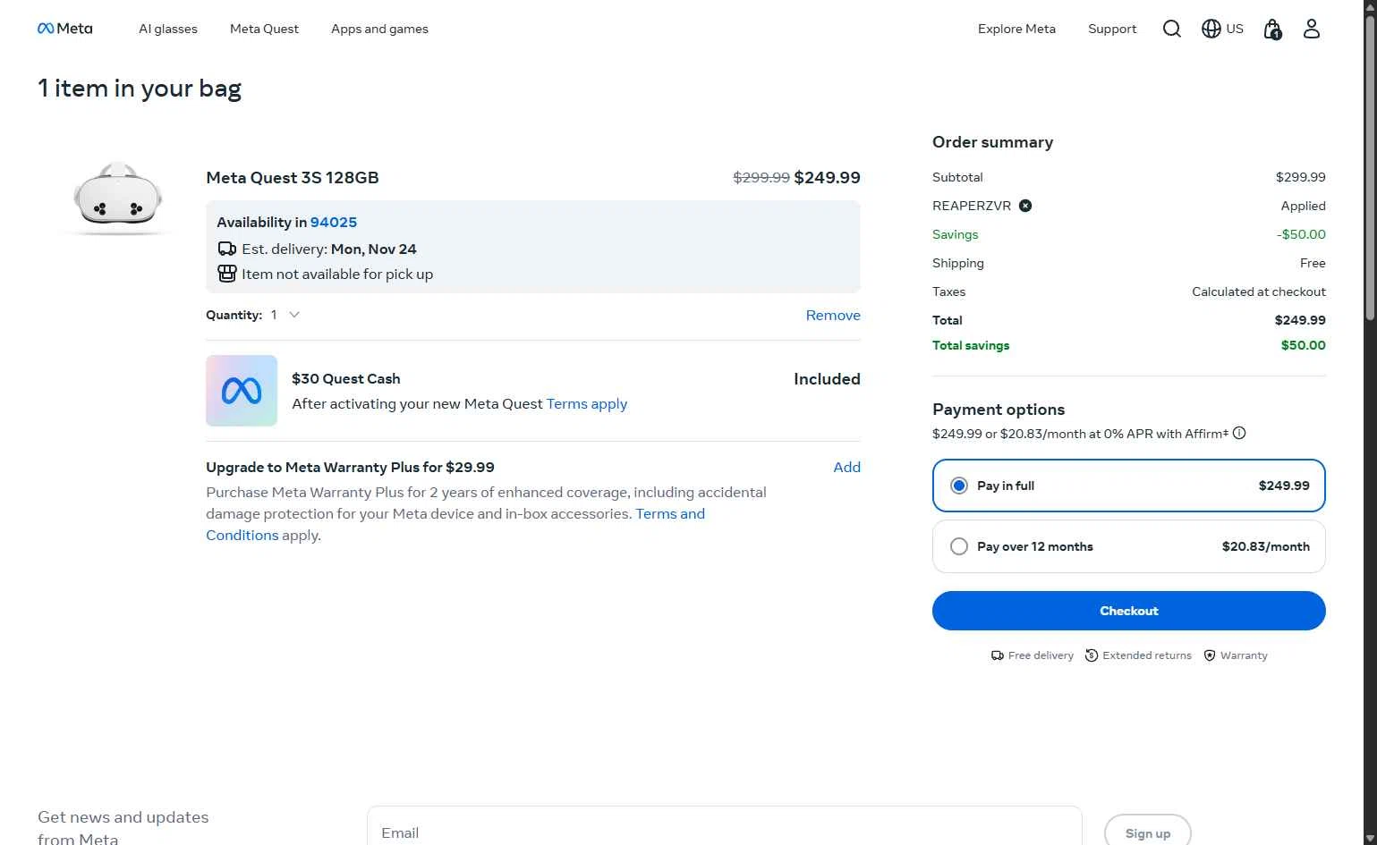 Meta Quest (formerly Oculus) checkout page showing Meta Quest (formerly Oculus) promo code box | Screenshot taken by SimplyCodes community member on Nov 22, 2025