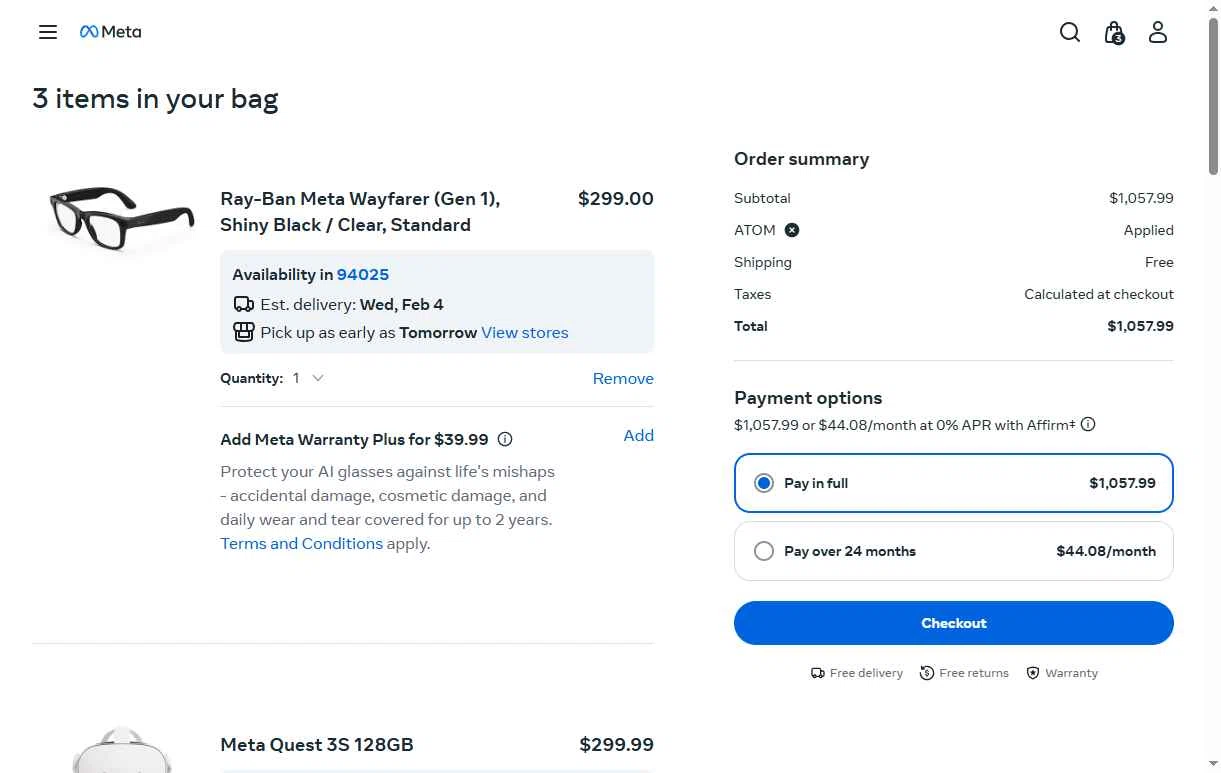 Meta Quest (formerly Oculus) checkout page showing Meta Quest (formerly Oculus) promo code box | Screenshot taken by SimplyCodes community member on Jan 25, 2026