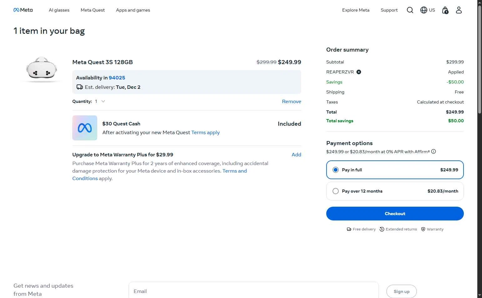 Meta Quest (formerly Oculus) checkout page showing Meta Quest (formerly Oculus) promo code box | Screenshot taken by SimplyCodes community member on Nov 30, 2025