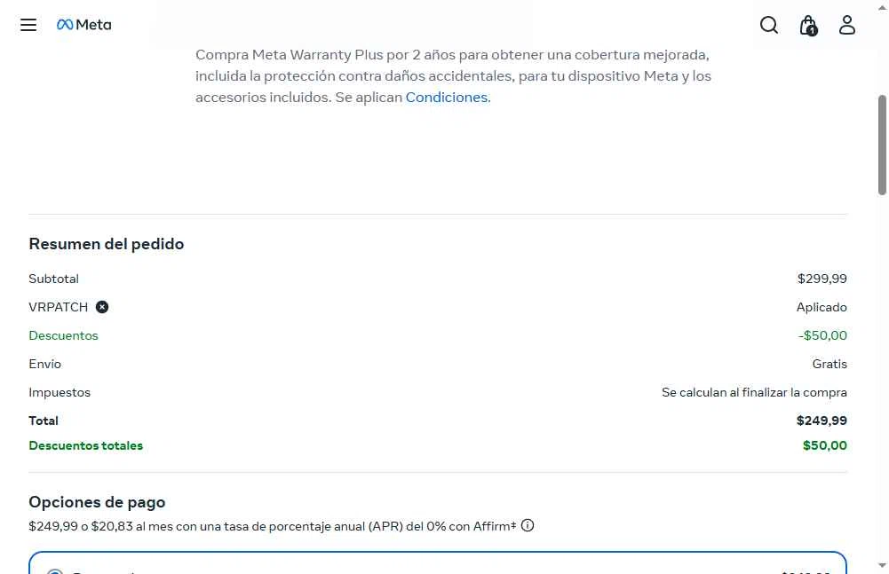 Meta Quest (formerly Oculus) checkout page showing Meta Quest (formerly Oculus) promo code box | Screenshot taken by SimplyCodes community member on Dec 21, 2025