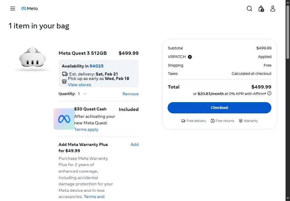Meta Quest (formerly Oculus) checkout page showing Meta Quest (formerly Oculus) promo code box | Screenshot taken by SimplyCodes community member on Feb 20, 2026