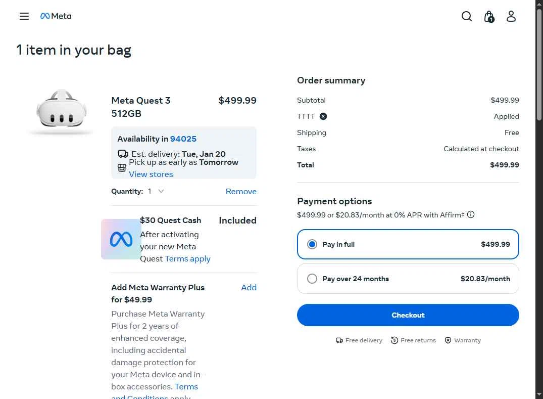 Meta Quest (formerly Oculus) checkout page showing Meta Quest (formerly Oculus) promo code box | Screenshot taken by SimplyCodes community member on Jan 17, 2026