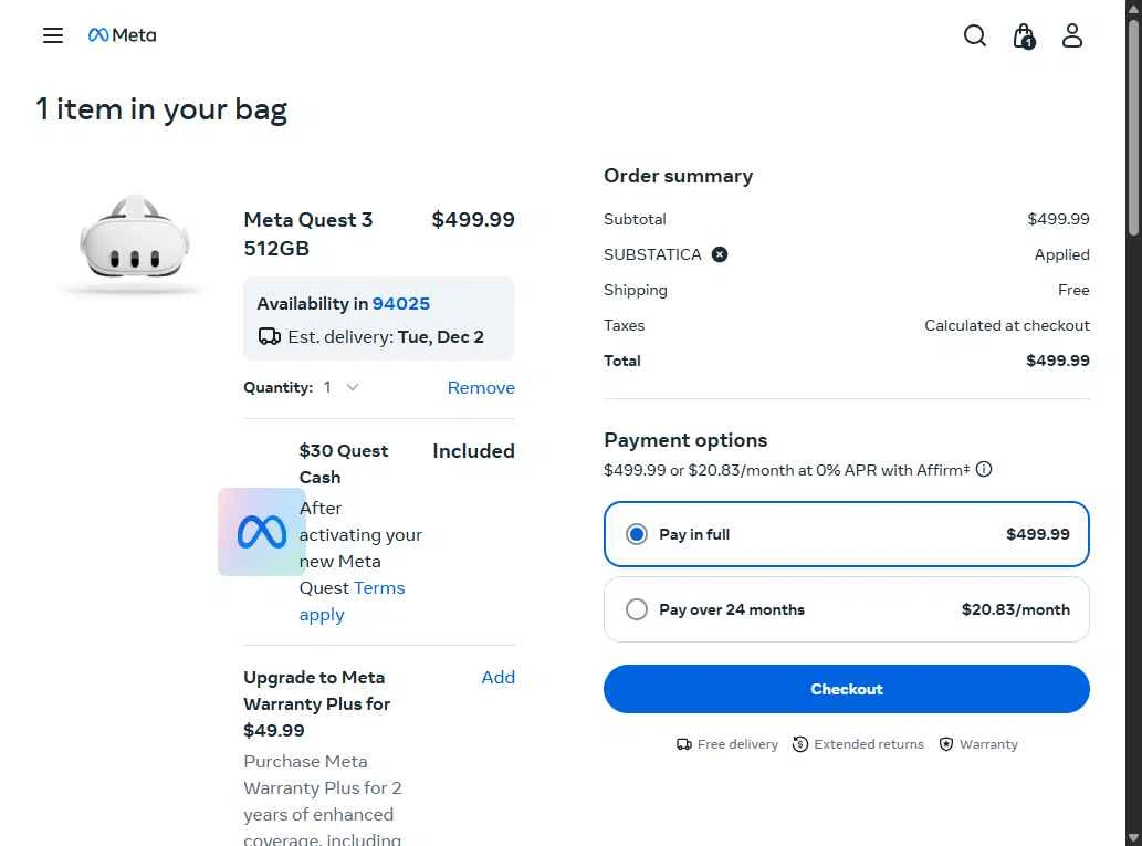 Meta Quest (formerly Oculus) checkout page showing Meta Quest (formerly Oculus) promo code box | Screenshot taken by SimplyCodes community member on Nov 30, 2025