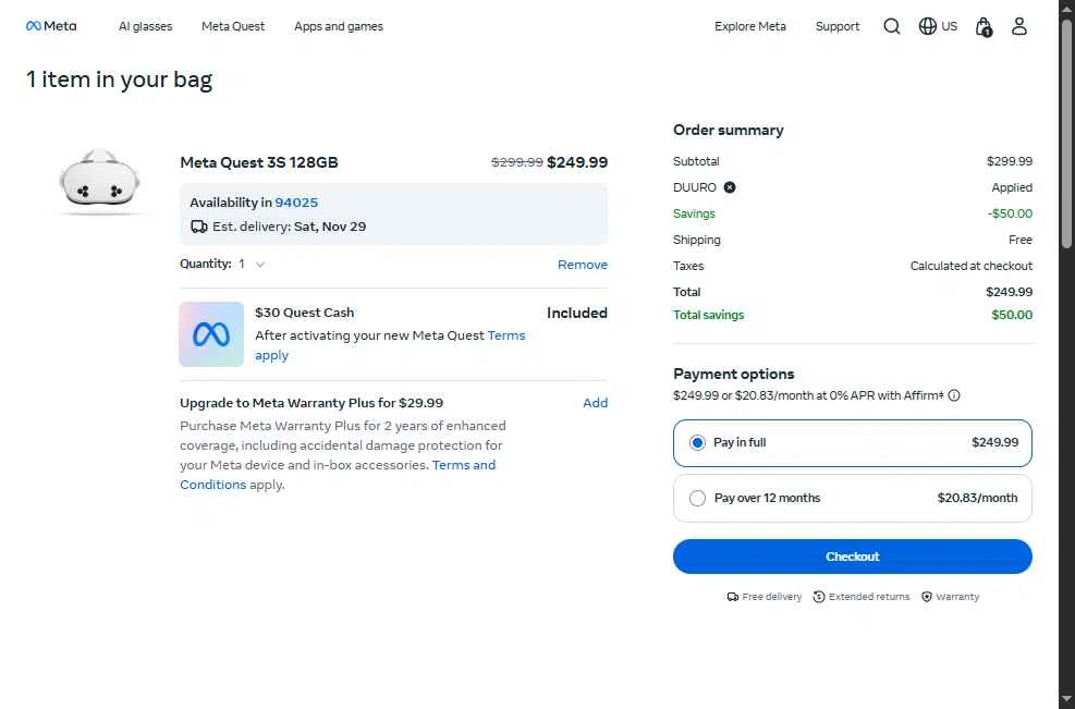Meta Quest (formerly Oculus) checkout page showing Meta Quest (formerly Oculus) promo code box | Screenshot taken by SimplyCodes community member on Nov 28, 2025