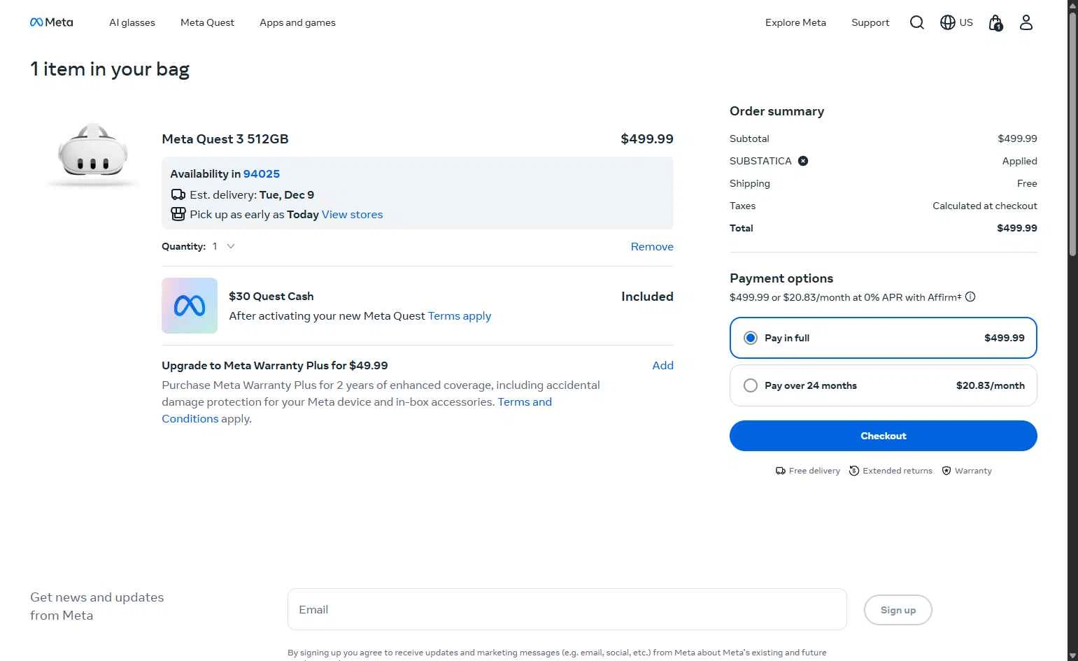Meta Quest (formerly Oculus) checkout page showing Meta Quest (formerly Oculus) promo code box | Screenshot taken by SimplyCodes community member on Dec 8, 2025