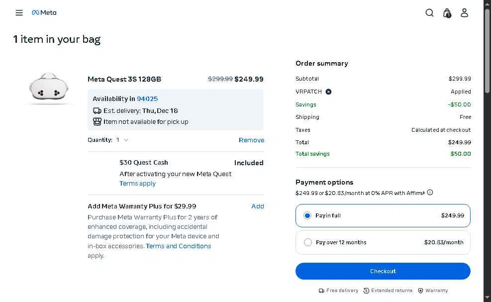 Meta Quest (formerly Oculus) checkout page showing Meta Quest (formerly Oculus) promo code box | Screenshot taken by SimplyCodes community member on Dec 16, 2025