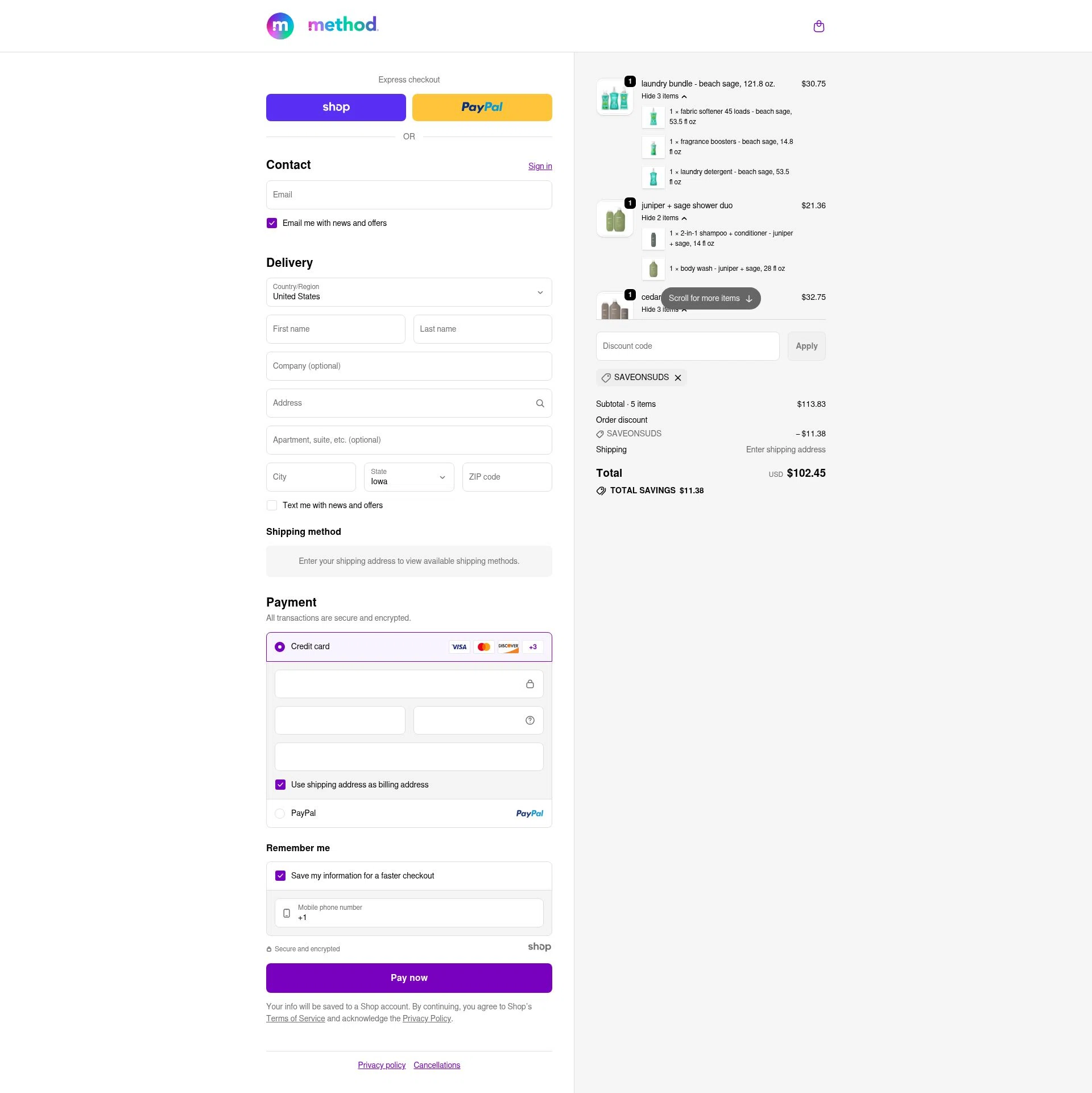 Method Products checkout page showing Method Products promo code box | Screenshot taken by SimplyCodes community member on Dec 13, 2025