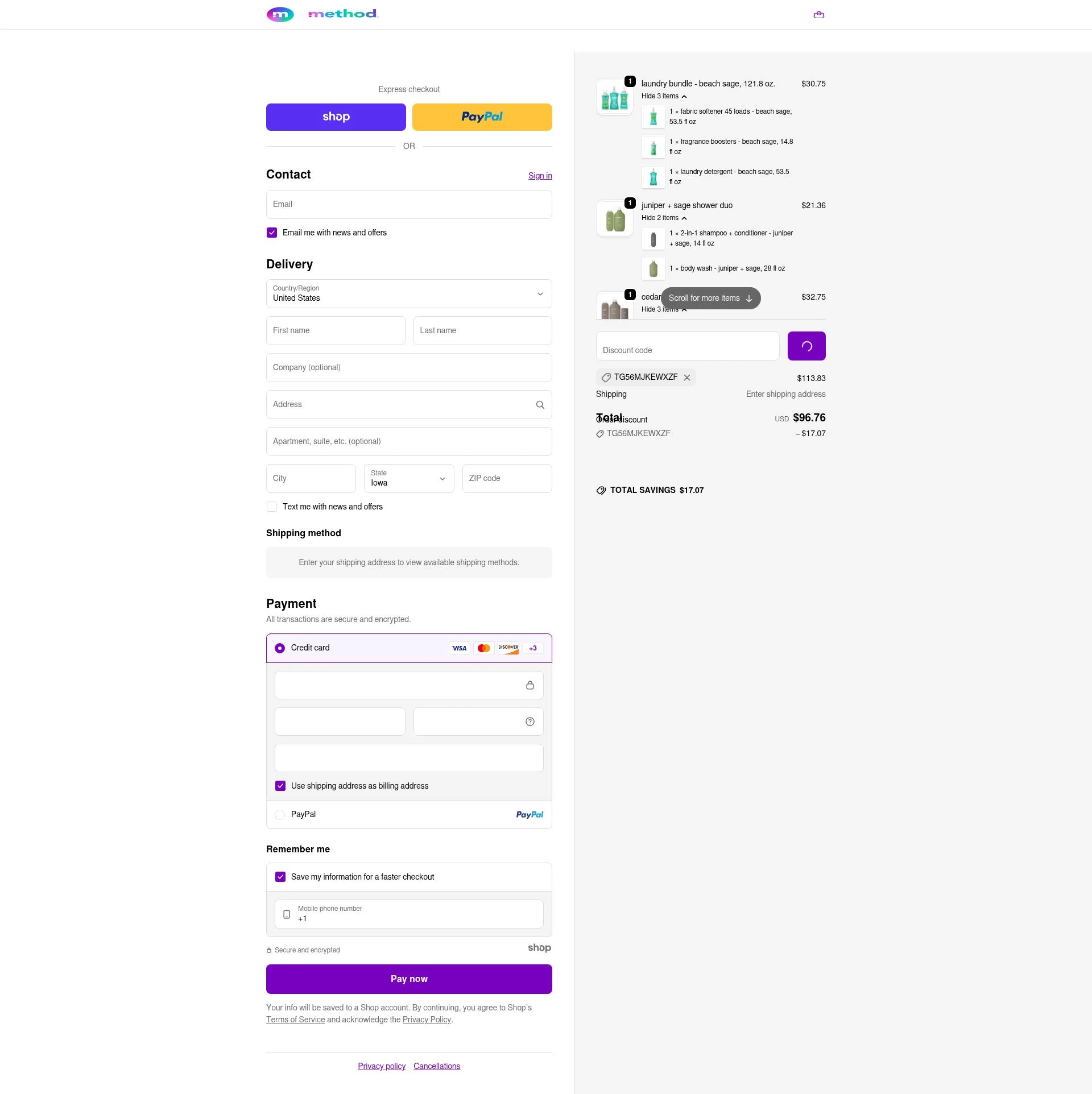 Method Products checkout page showing Method Products promo code box | Screenshot taken by SimplyCodes community member on Dec 21, 2025
