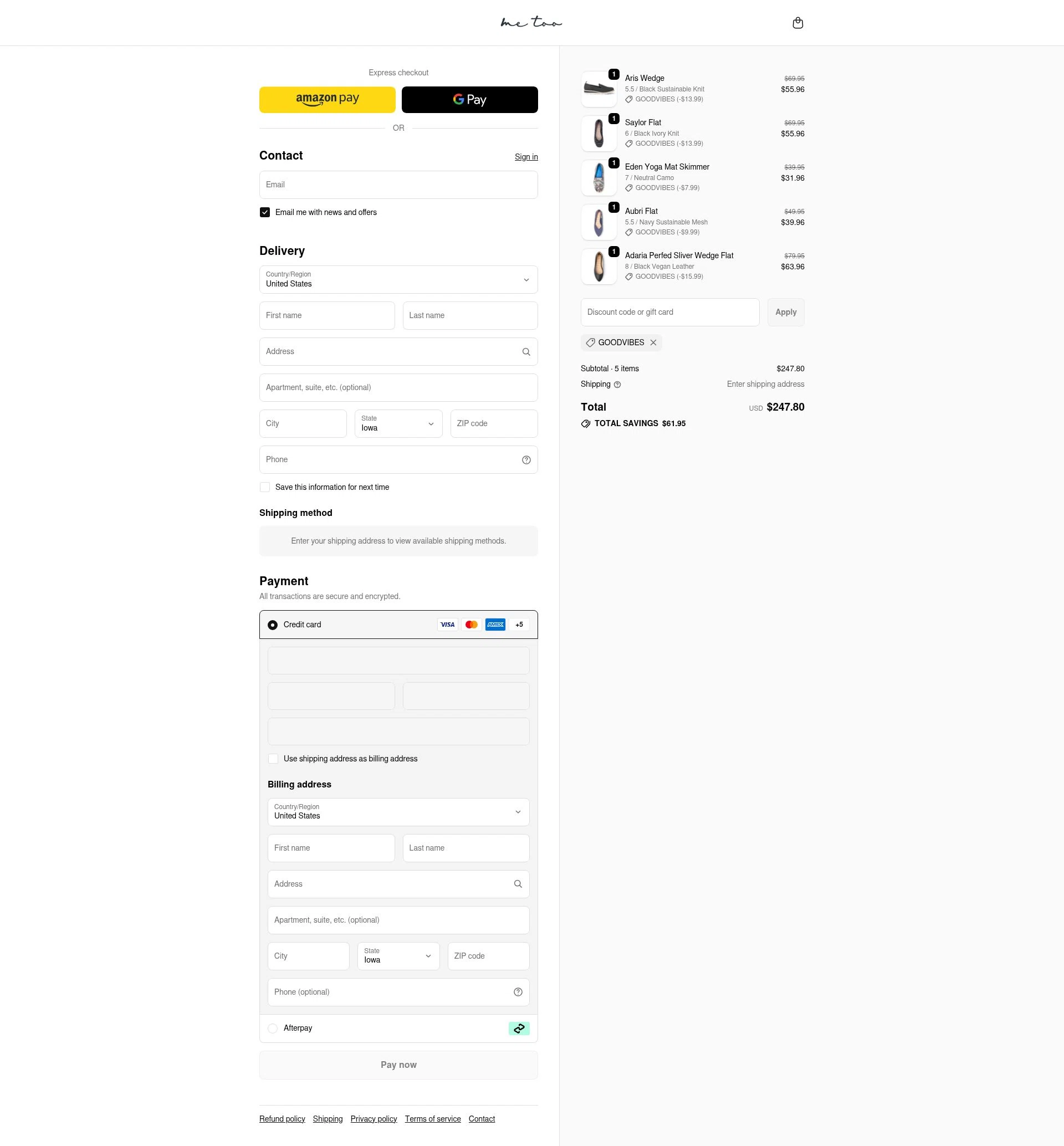 Me Too Shoes checkout page showing Me Too Shoes discount code box | Screenshot taken by SimplyCodes community member on Dec 10, 2025