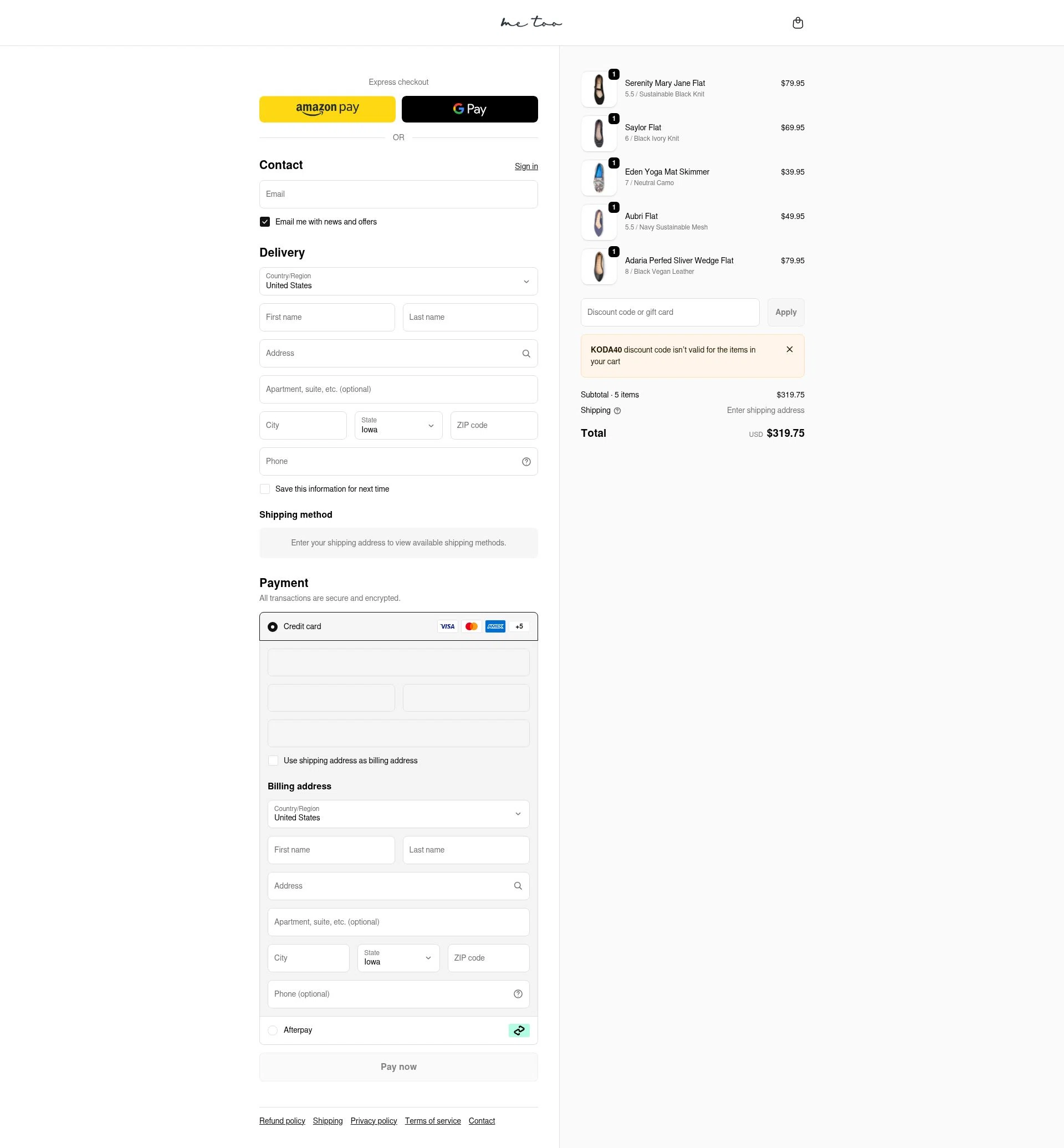 Me Too Shoes checkout page showing Me Too Shoes discount code box | Screenshot taken by SimplyCodes community member on Dec 27, 2025