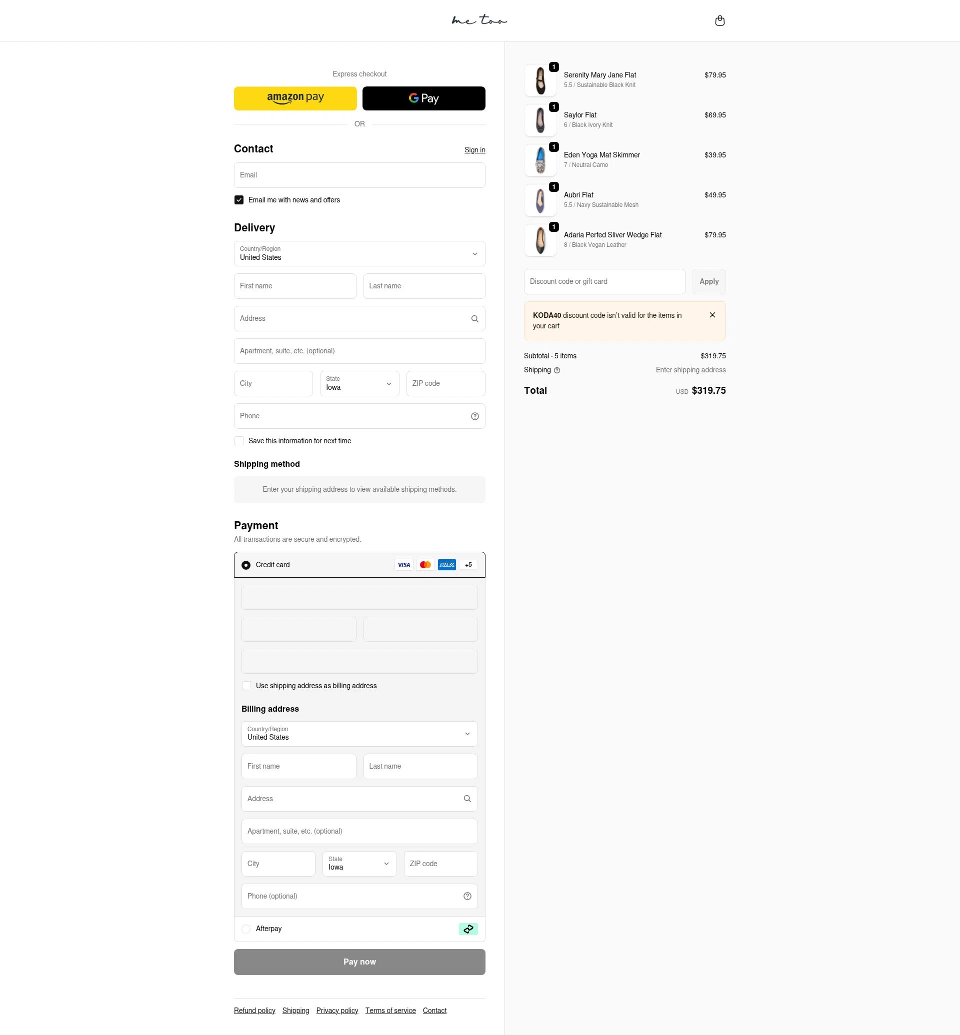 Me Too Shoes checkout page showing Me Too Shoes discount code box | Screenshot taken by SimplyCodes community member on Dec 22, 2025