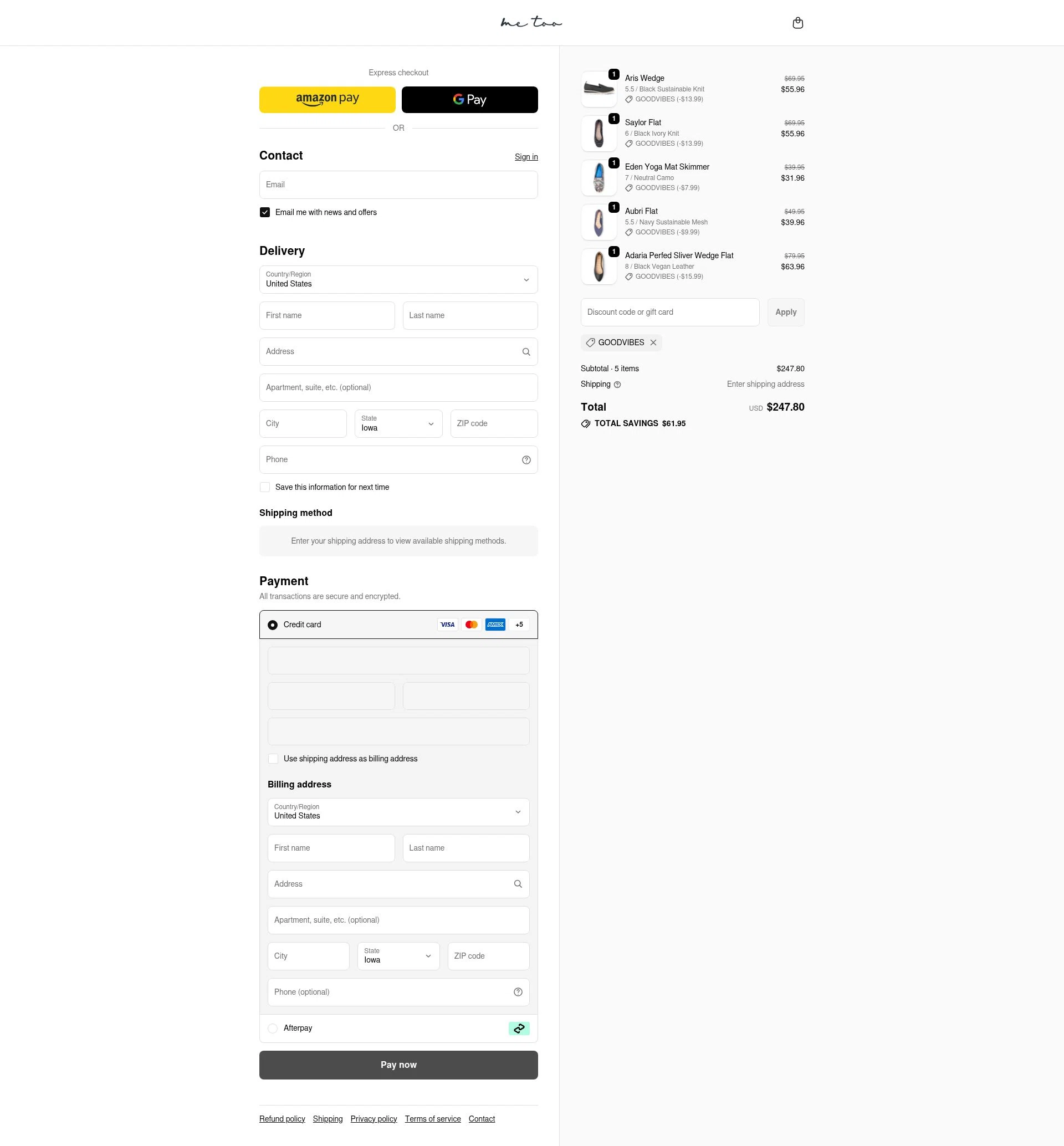 Me Too Shoes checkout page showing Me Too Shoes discount code box | Screenshot taken by SimplyCodes community member on Dec 15, 2025