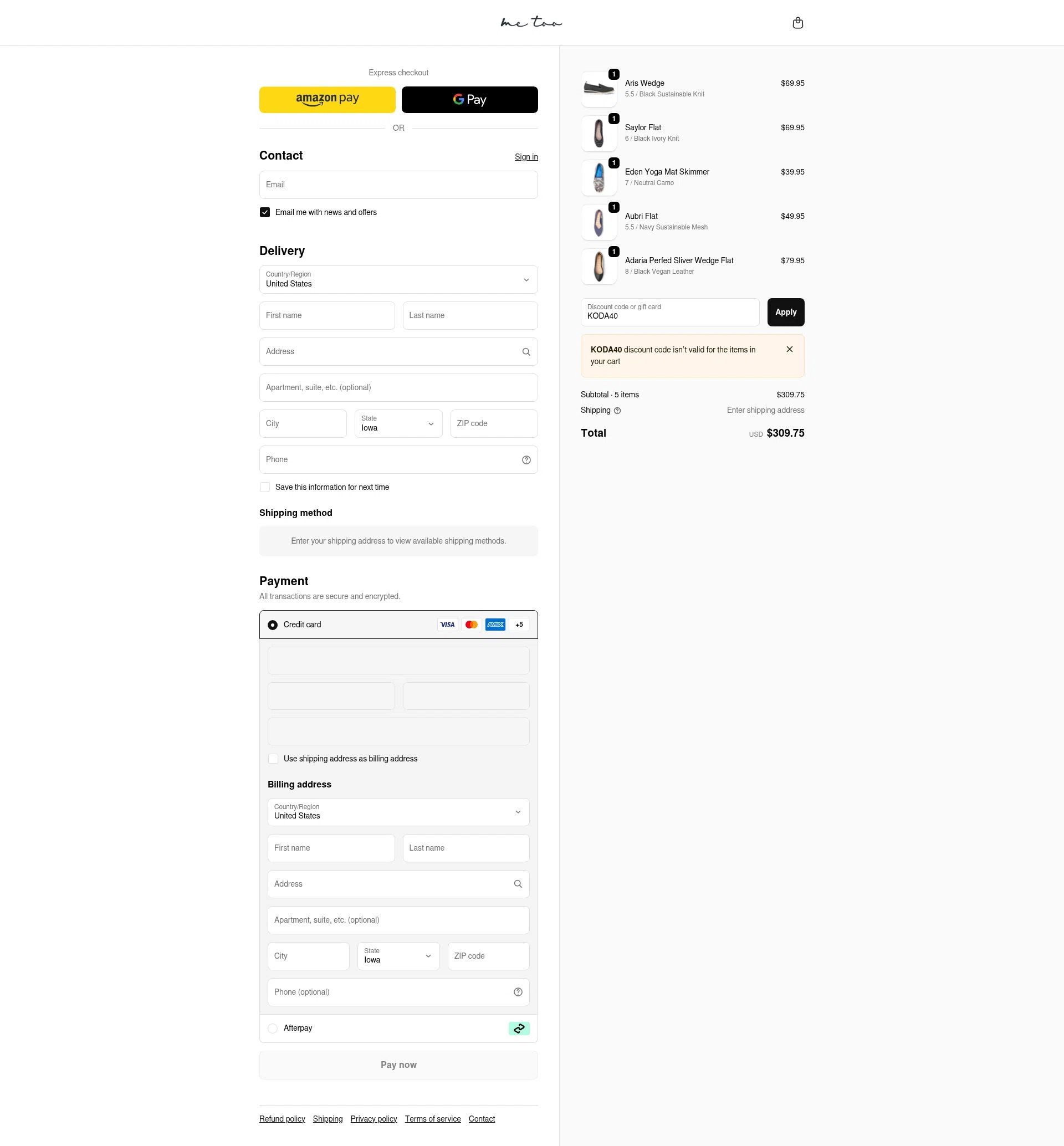 Me Too Shoes checkout page showing Me Too Shoes discount code box | Screenshot taken by SimplyCodes community member on Dec 15, 2025