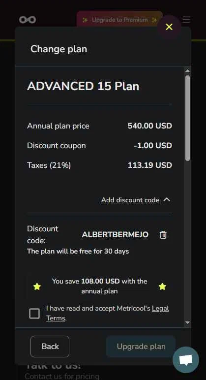 Metricool checkout page showing Metricool discount code box | Screenshot taken by SimplyCodes community member on Jan 6, 2026