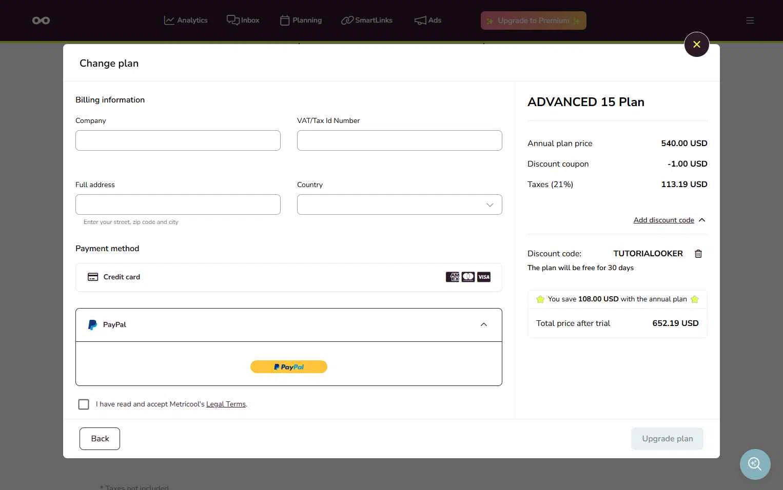 Metricool checkout page showing Metricool discount code box | Screenshot taken by SimplyCodes community member on Jan 7, 2026
