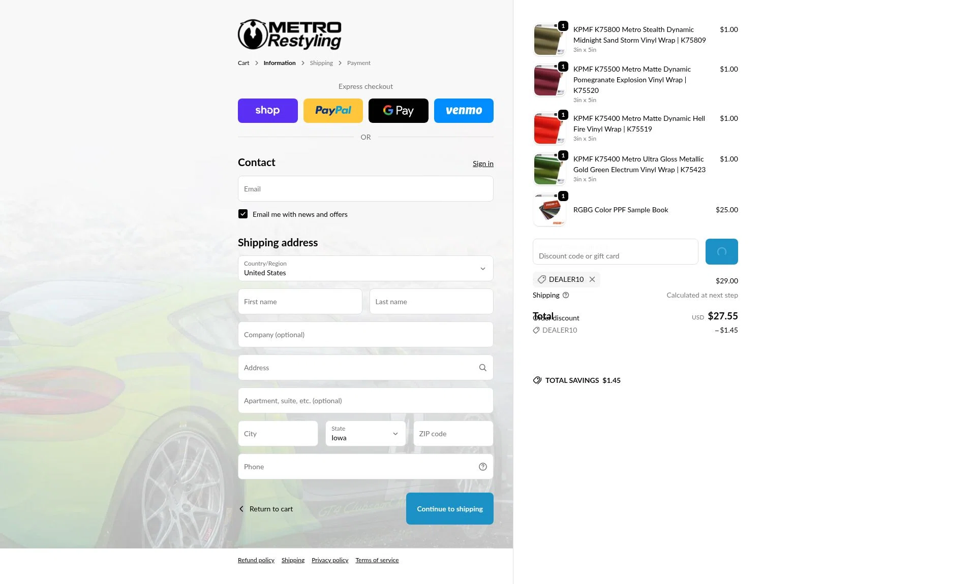 Metro Restyling checkout page showing Metro Restyling discount code box | Screenshot taken by SimplyCodes community member on Feb 18, 2026