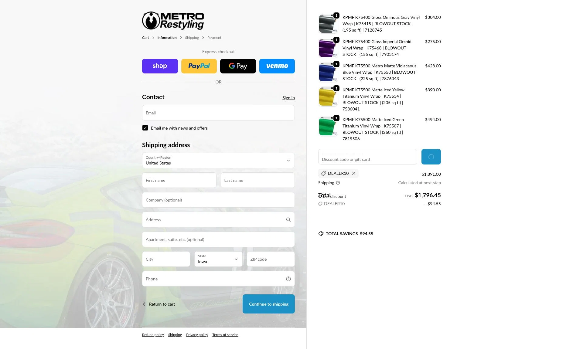 Metro Restyling checkout page showing Metro Restyling discount code box | Screenshot taken by SimplyCodes community member on Feb 14, 2026