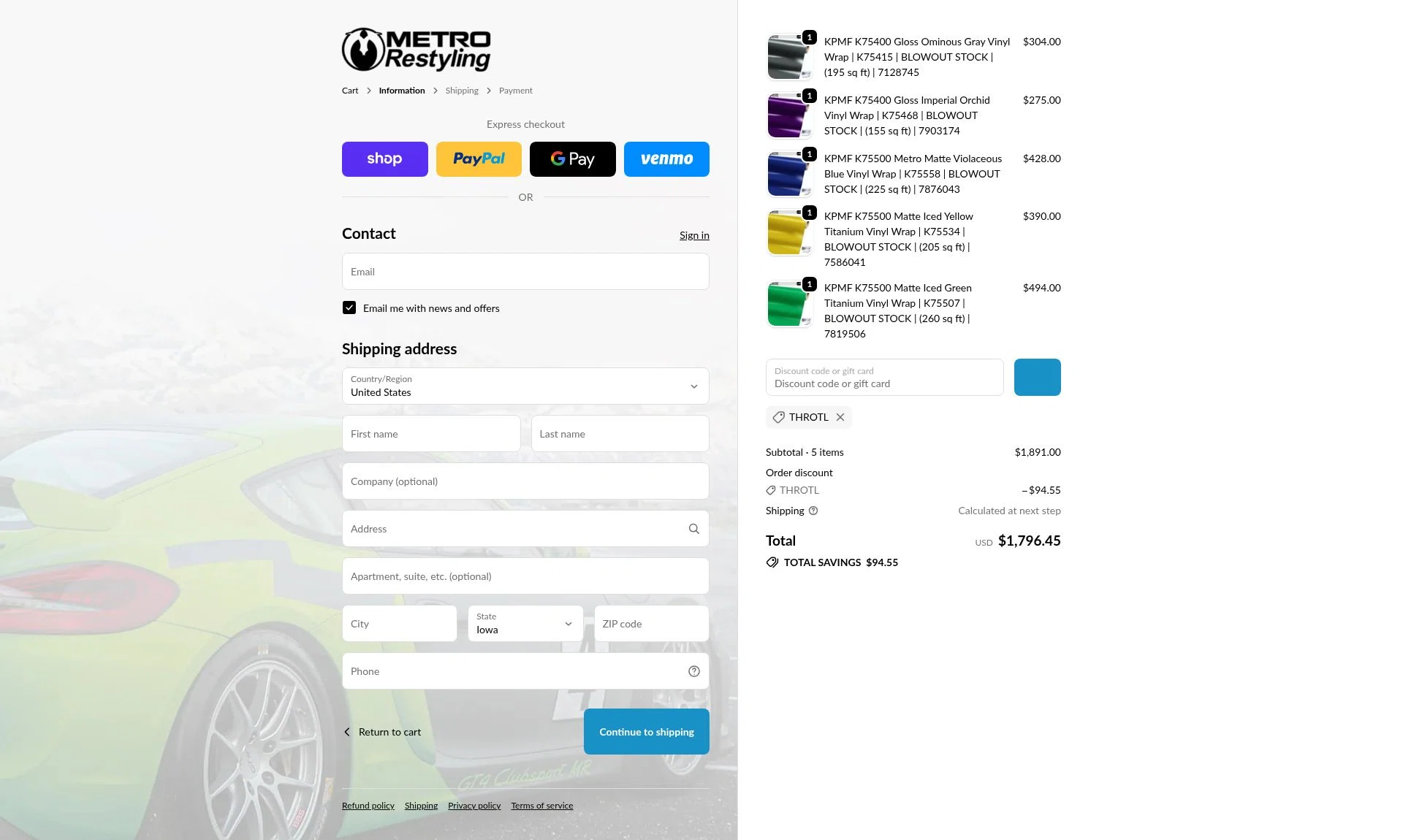 Metro Restyling checkout page showing Metro Restyling discount code box | Screenshot taken by SimplyCodes community member on Feb 9, 2026