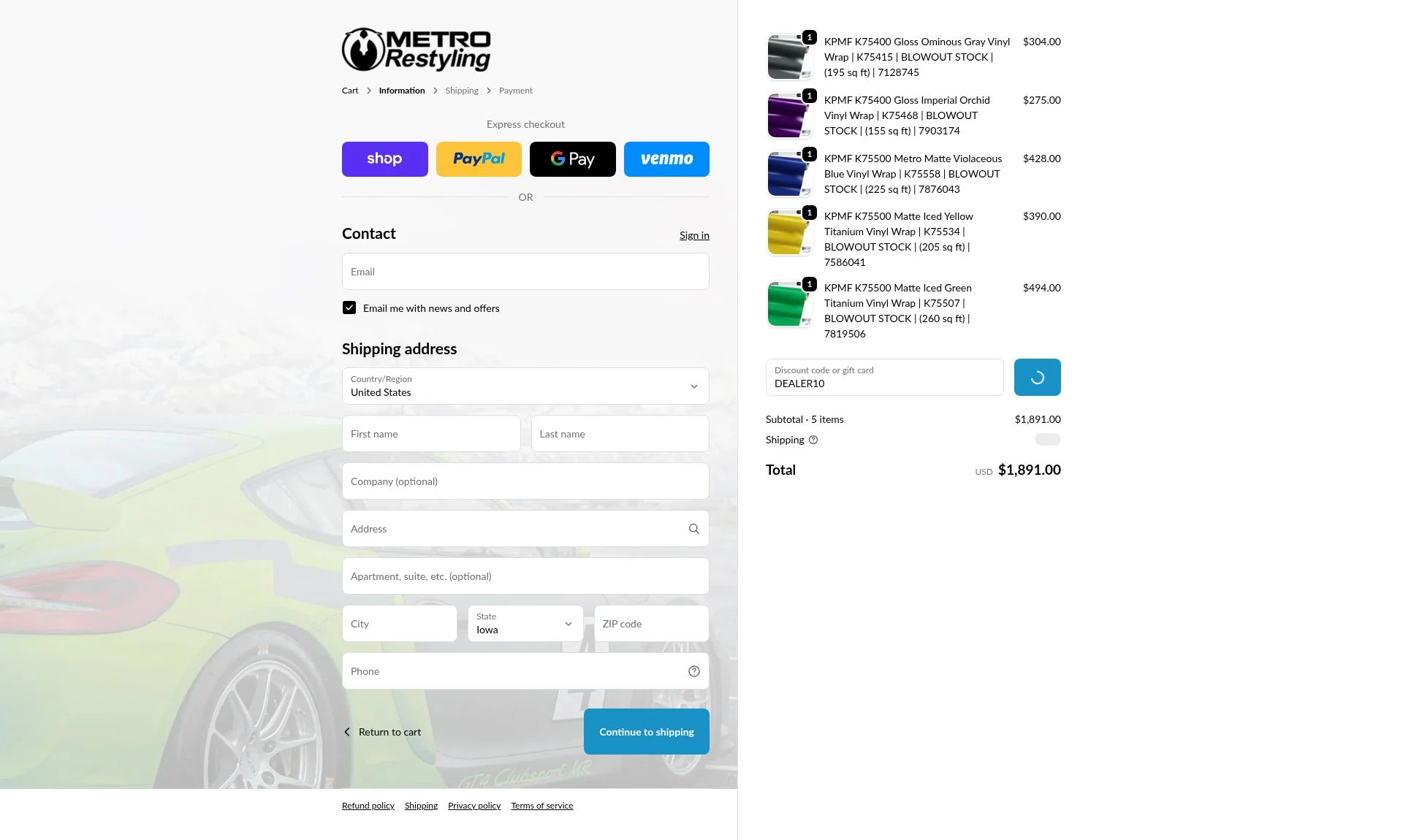 Metro Restyling checkout page showing Metro Restyling discount code box | Screenshot taken by SimplyCodes community member on Feb 5, 2026