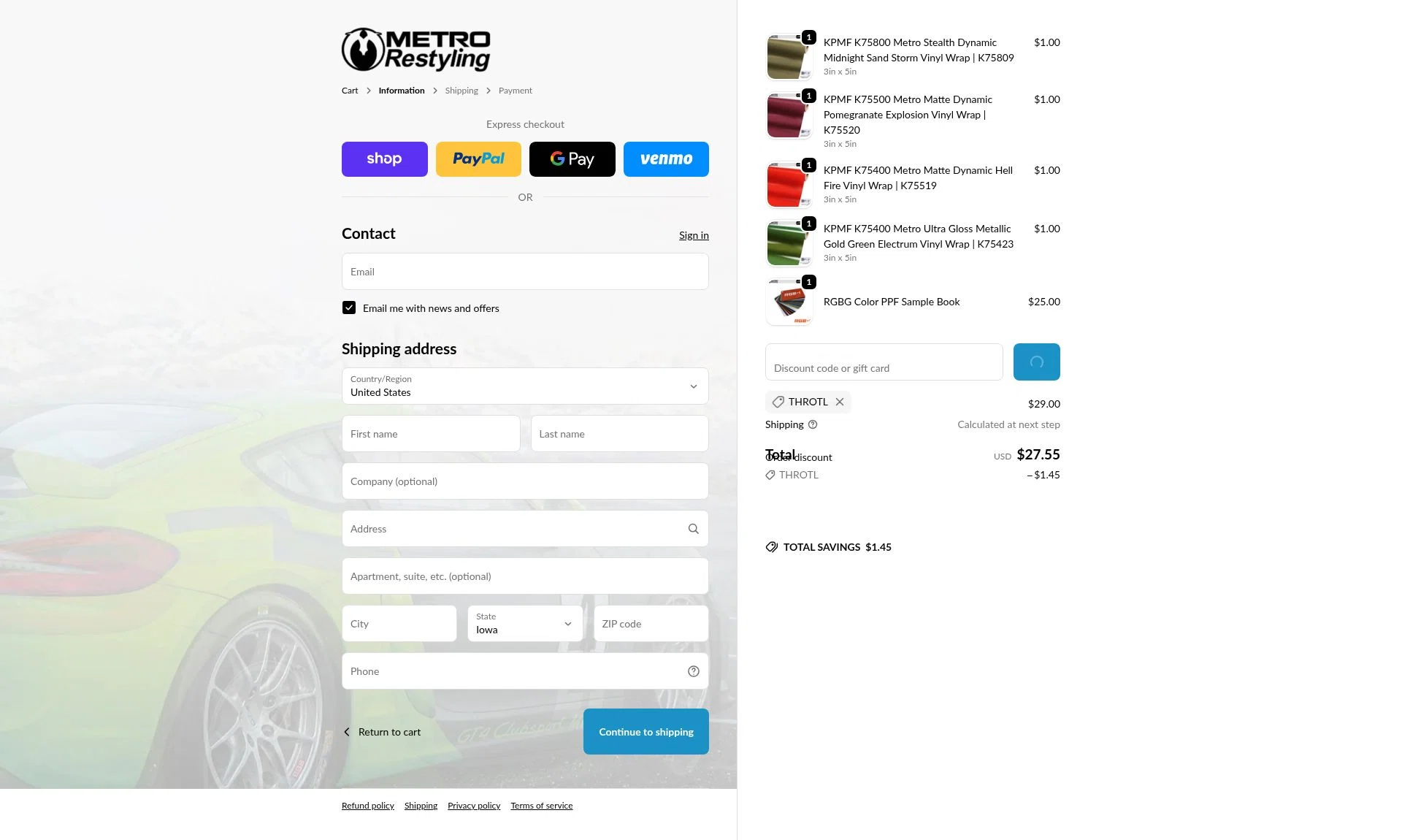 Metro Restyling checkout page showing Metro Restyling discount code box | Screenshot taken by SimplyCodes community member on Feb 18, 2026