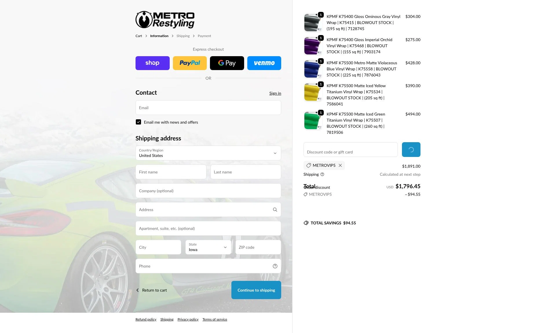 Metro Restyling checkout page showing Metro Restyling discount code box | Screenshot taken by SimplyCodes community member on Feb 9, 2026