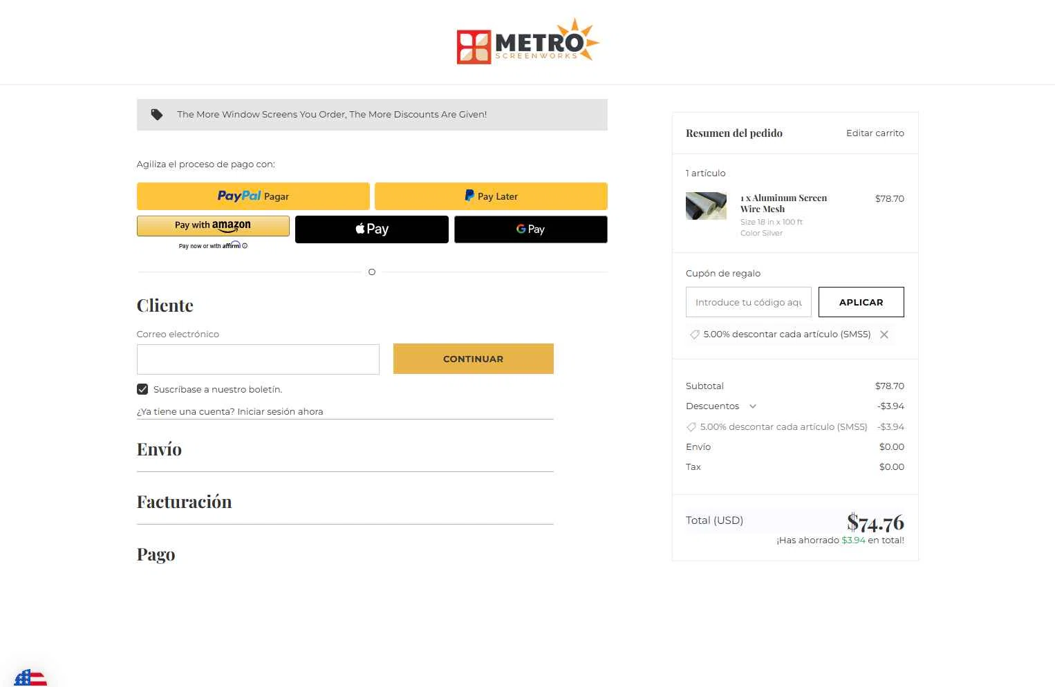 Metro Screenworks checkout page showing Metro Screenworks coupon code box | Screenshot taken by SimplyCodes community member on Jan 8, 2026