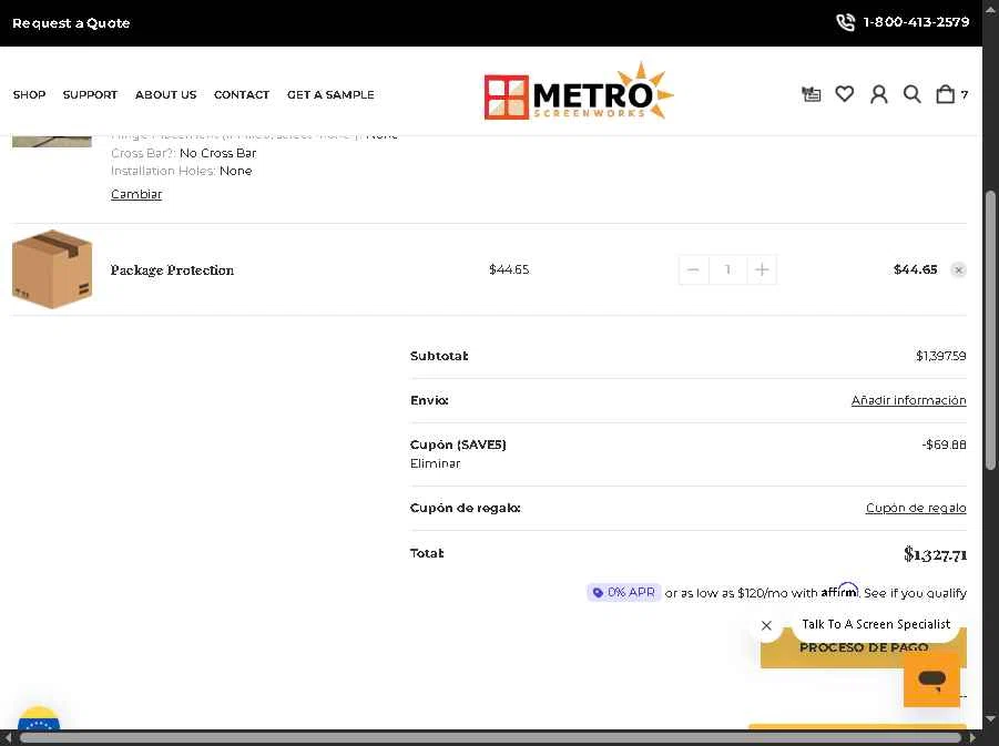 Metro Screenworks checkout page showing Metro Screenworks coupon code box | Screenshot taken by SimplyCodes community member on Jan 29, 2026