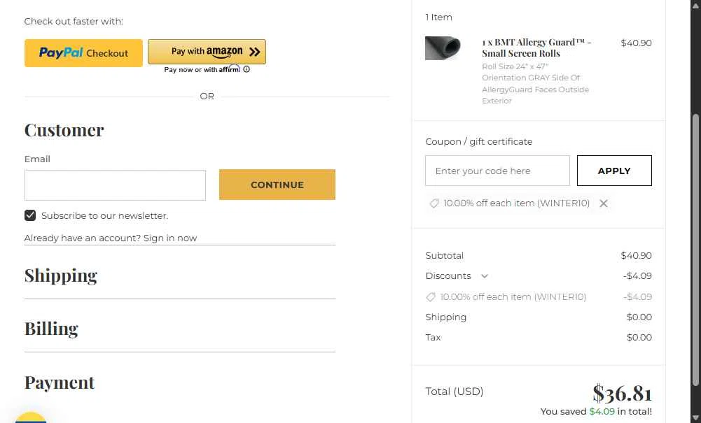 Metro Screenworks checkout page showing Metro Screenworks coupon code box | Screenshot taken by SimplyCodes community member on Jan 10, 2026