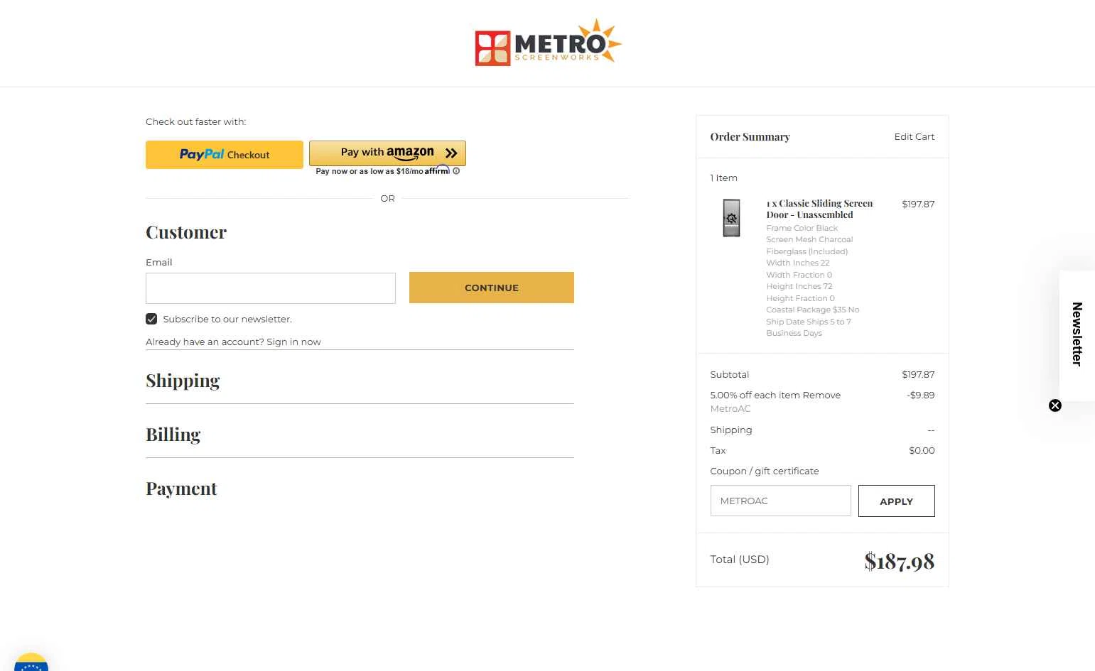 Metro Screenworks checkout page showing Metro Screenworks coupon code box | Screenshot taken by SimplyCodes community member on Dec 10, 2025