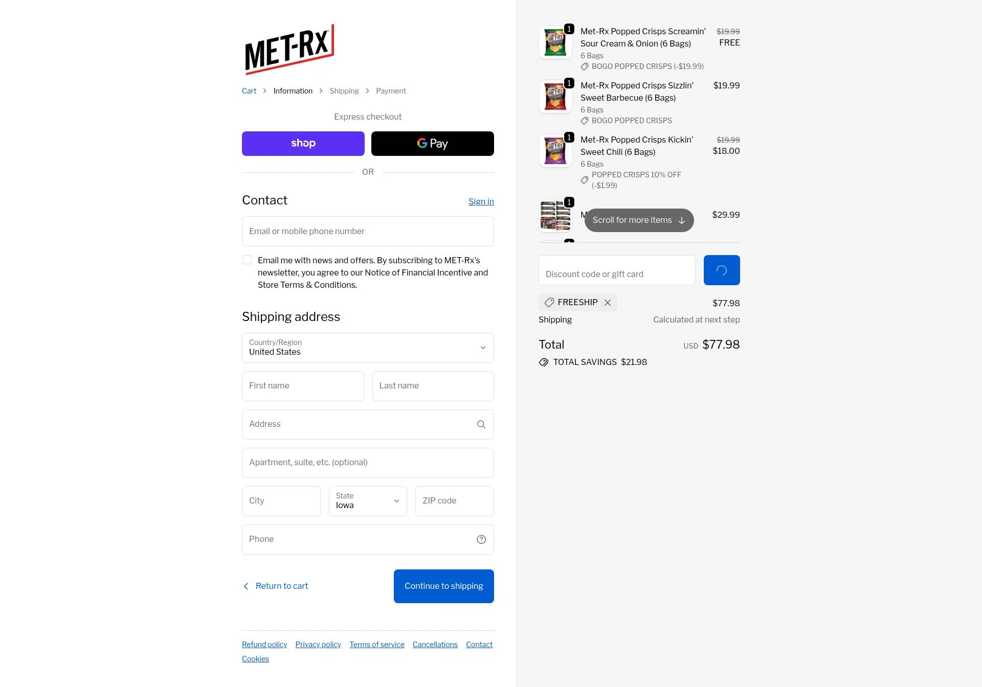 MET-Rx checkout page showing MET-Rx discount code box | Screenshot taken by SimplyCodes community member on Feb 4, 2026