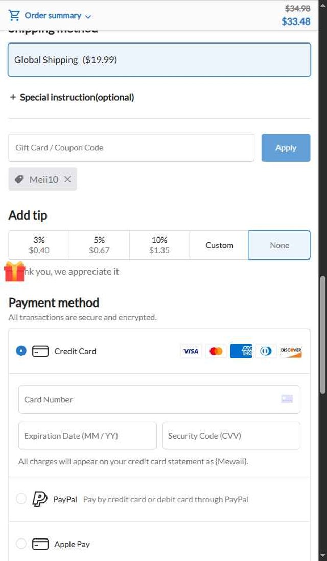 Mewaii checkout page showing Mewaii discount code box | Screenshot taken by SimplyCodes community member on Sep 1, 2025