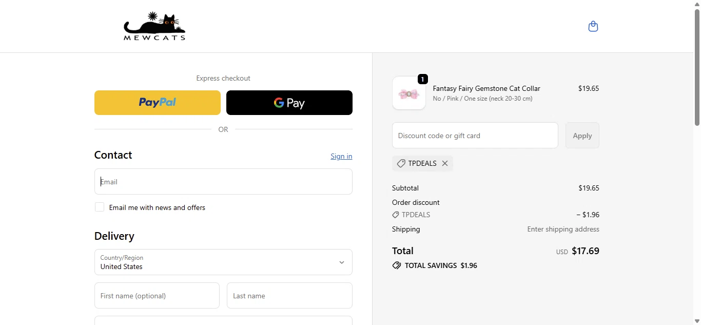 MEWCATS promo code screenshot showing code TPDEALS applied at MEWCATS checkout page. Uploaded by SimplyCodes community member SilverMaestro6968 on Feb 25, 2026