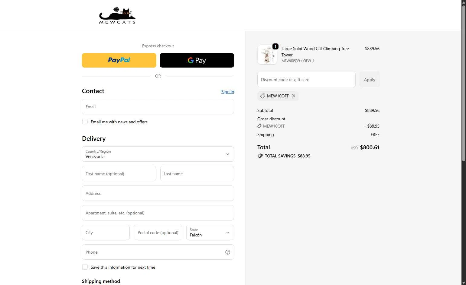 MEWCATS checkout page showing MEWCATS promo code box | Screenshot taken by SimplyCodes community member on Feb 26, 2026
