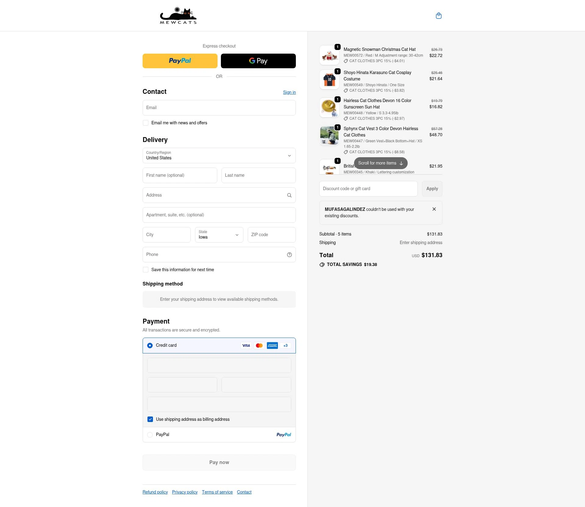 MEWCATS checkout page showing MEWCATS promo code box | Screenshot taken by SimplyCodes community member on Feb 24, 2026
